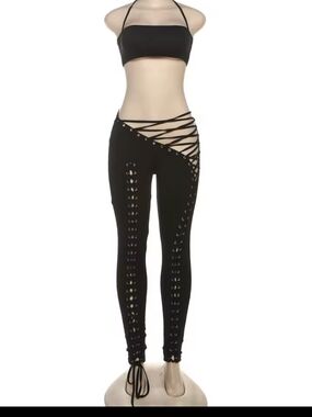 Black Lace-Up High-Waist Skinny Pants